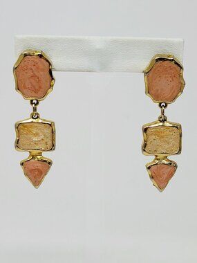 Abstract Peach Enamel Gold Tone Geometric Dangle Earrings